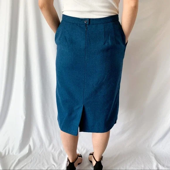 Pendleton Vintage 100% Virgin Wool Blue Midi Pencil Skirt Size 12P - Picture 4 of 12